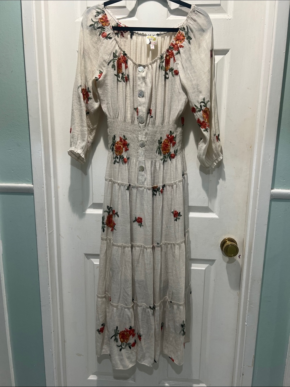 fig and flower Cream Maxi Dress with Red-Orange Floral Embroidery